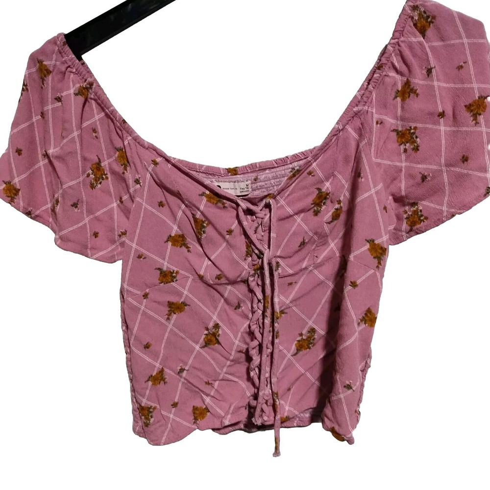 Y2K Cottagecore SO Pink Plaid Milkmaid Crop Top SZ MD Lace Up Peasant Blouse